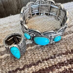 Turquoise Howlite Stretch Bracelet Ring Set Boho Western Jewelry